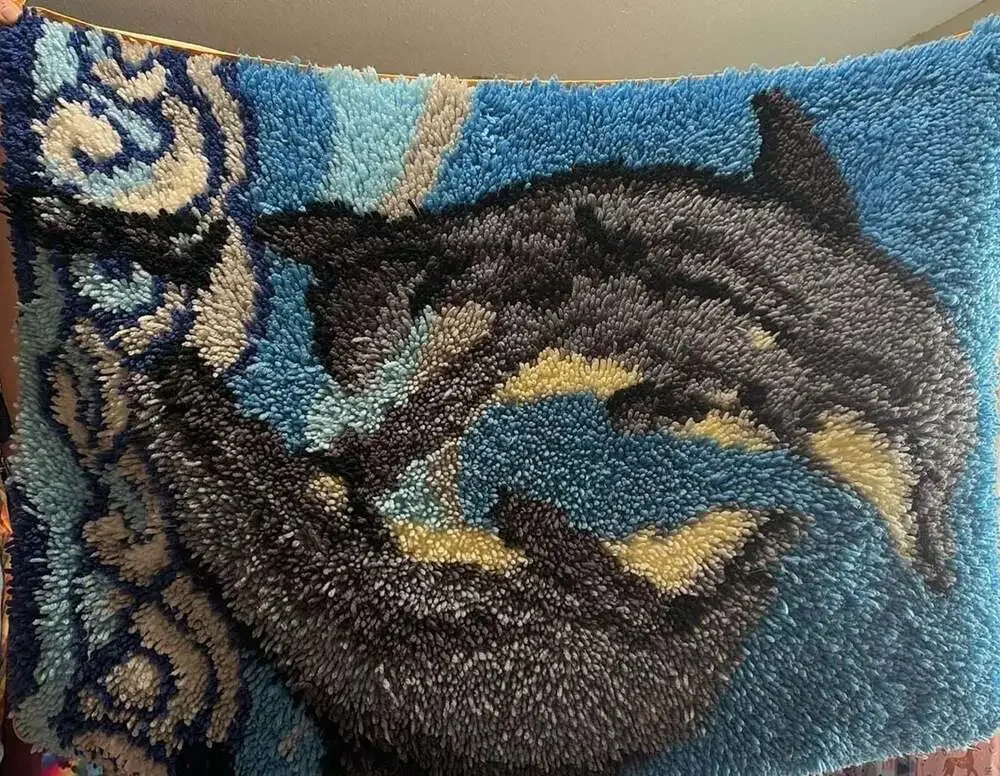 Vintage Dolphin Latch Hook Rug Wall Tapestry
